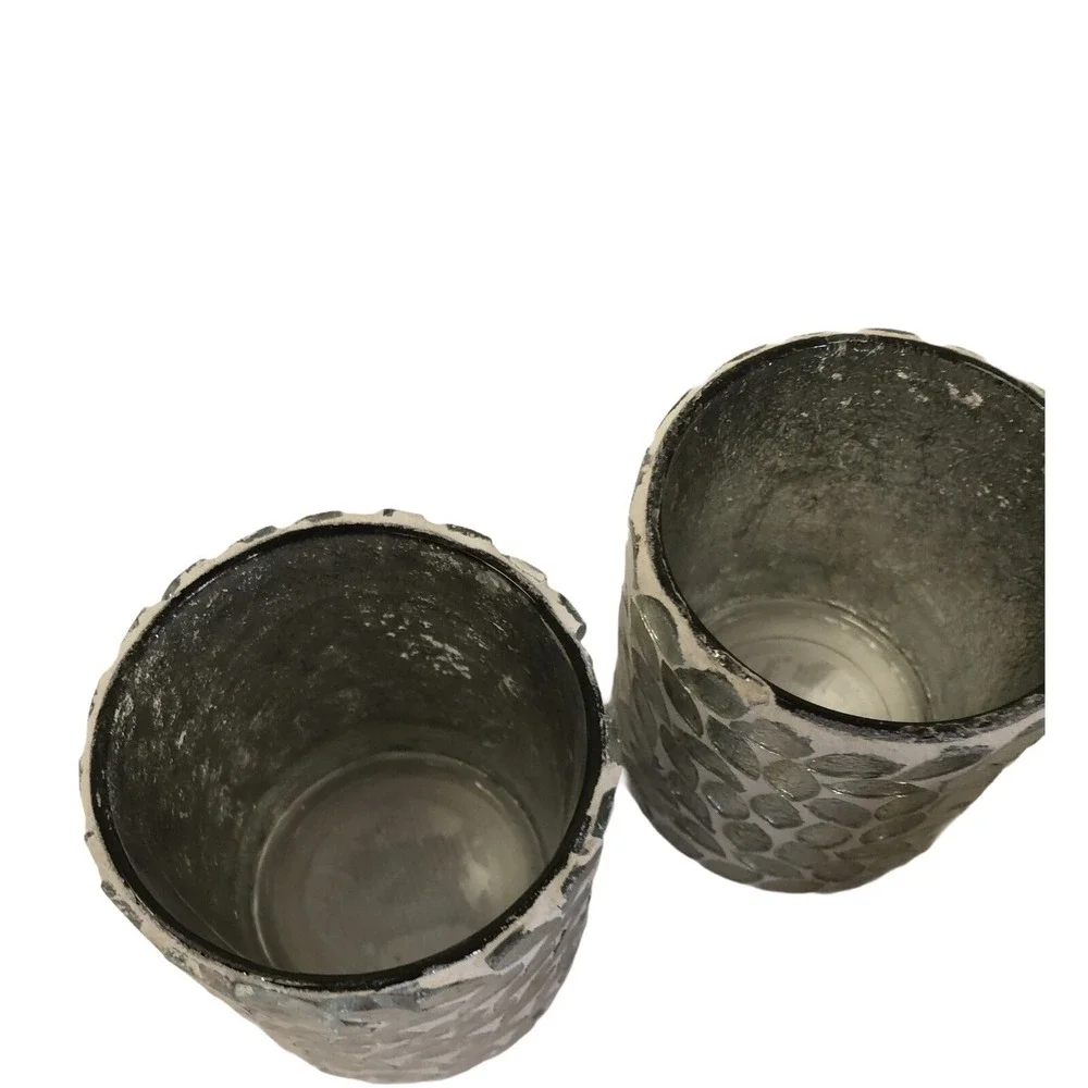 Votive Candle Holders Set 3 Silver Leaf Mosaic Glass Decor 3 1/2" X 3" - Picture 7 of 9
